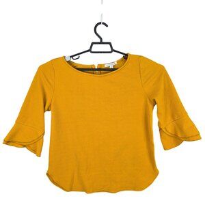 Womens Green Envelope Mustard Yellow Bell Sleeve Top Polyester Stretch Size L